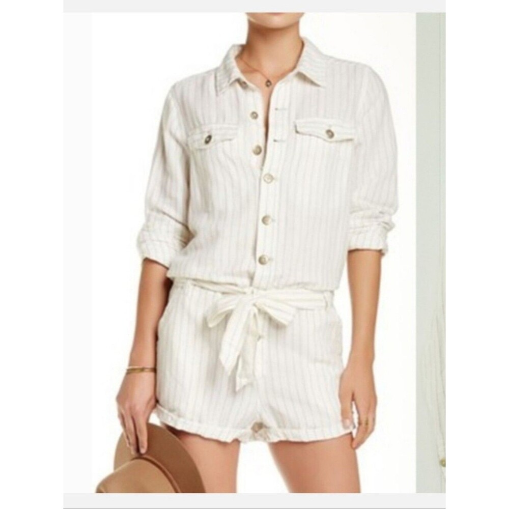 Free People Striped Cream Linen Cotton Romper Long Sleeve Collar Small FLAWED